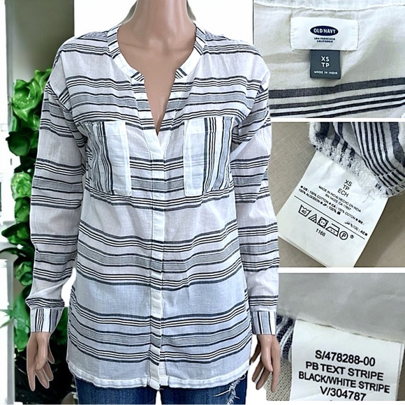 Old Navy Stripe Button Down V Neck Shirt Tunic Top - Picture 13 of 16